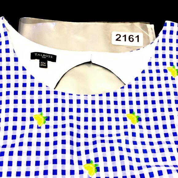 Talbots Womens Dress 22W Sleeveless Blue White Gingham Embroidered Lemons Lined - Picture 16 of 16